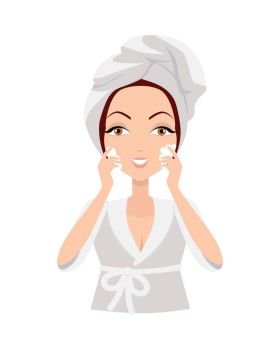 Girl Cleaning and Care Her Face. Girl cleaning and care her face, facial, treatment, beauty, healthy, hygiene, lifestyle. Young woman after morning shower in a bathroom. Skin care. Girl in white bathrobe and towel on head