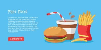 Tasty Fast Food Banner. Tasty fast food banner. French fries in package, cola in plastic glass, and hamburger on blue background. Different fast food products on table. Fast food menu. Vector illustration. Website template