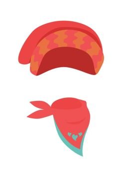 Hat. Contemporary Red Headwear for Girls and Scarf. Hat. Contemporary warm red hat and scarf. Long red hat with some waves. Scarf with blue edges and hearts. Two kind of comfortable winter head wearings. White background. Vector illustration.