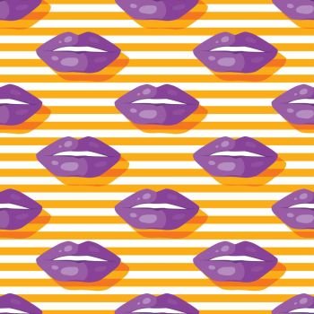 Womens Lips Seamless Pattern Vector Illustration. Womens lips seamless pattern. Sensitive open mouth with shining teeth flat vector illustration on white background with stripes. For gift wrapping paper, greeting cards, invitations, print design