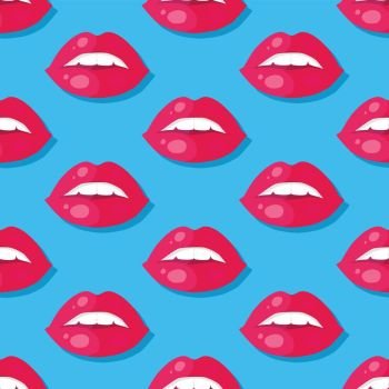 Womens Lips Seamless Pattern Vector Illustration. Womens lips seamless pattern. Sensitive open mouth with shining teeth flat vector illustration on white background with stripes. For gift wrapping paper, greeting cards, invitations, print design