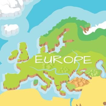 Europe mainland cartoon relief map with mountains, climate zones, rivers, seas and island flat vector illustration. Topographic or physical atlas. Geographic concept for children book illustrating. Europe Mainland Vector Cartoon Relief Map  . Europe Mainland Vector Cartoon Relief Map  