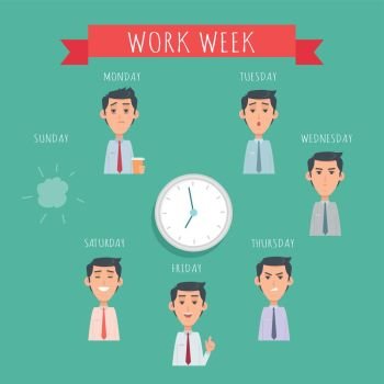 Man Set Illustration. Avatar Userpics of Emotions.. Work week concept. Set of man illustrations. Avatar userpics of emotions. Monday, Tuesday, Wednesday, Thursday, Friday, Saturday, Sunday. Clock in middle. Variety of emotions office worker Vector
