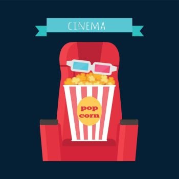 Cinema Objects Set Isolated. Movie Entertainment. Cinema objects set. Comfortable chair, 3d glasses, popcorn. Movie tools in flat design. Armchair cinema icon. Movie entertainment auditorium show signs. Ticket design. Vector illustration