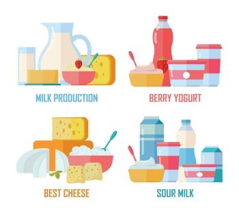 Traditional Dairy Products from Milk. Different traditional dairy products from milk on white background. Milk production, berry yogurt, best cheese, sour milk banners. Assortment of dairy products. Farm food illustration set in flat.