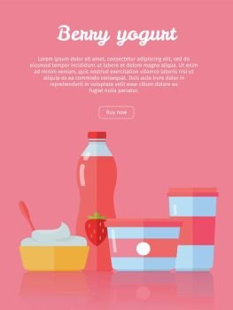 Berry Yogurt, Dairy Products from Milk. Berry yogurt banner. Milk production. Yogurt with berries and blueberries. Different dairy products from milk on red background. Assortment of dairy products. Farm food. Dairy website template.