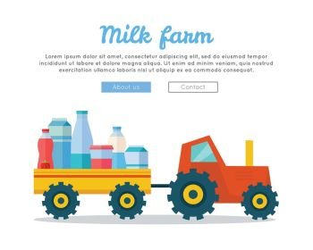 Milk Farm Concept Banner Vector Flat Design.. Milk farm concept banner vector flat design. Tractor driven truck with dairy products. Organic farming, traditional products. Clean naturally produced food. Vector illustration in flat style