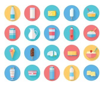 Dairy Products Icons Set. Different traditional dairy products from milk round icons set. Milk production, berry yogurt, cheese, sour milk, curd, ice cream. Assortment of dairy products. Natural traditional farm food in flat