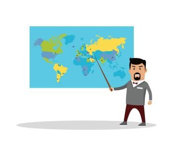 Geography Lesson Flat Design Vector Illustration.. Teacher with a pointer standing near the world political map. Flat design. Geography lesson vector illustration. Global politics, breaking news, climate change, concept. Isolated on white.