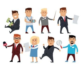 Set of Profession Specialists Characters Vector.. Set of people characters vector. Professions collection. Career choice concept. Businessman, photographer, journalist, teacher, office worker politician consultant researcher illustration