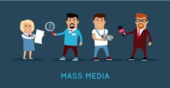 Mass Media Concept Banner Vector Illustration.. Mass media workers characters vector. Flat style design. TV reporter, journalist, photographer, investigator illustration. Media profession concept banner for web design, avatars, infographic.