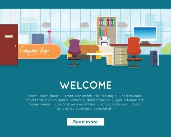 Welcome to Office Vector Web Banner In Flat Design.. Welcome to office concept web banner vector. Flat style. Bright interior with modern furniture, workplace and reception. Comfortable place for work. Illustration of modern business apartments design. 