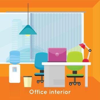 Modern Office Interior. Office interior background. Modern office interior with desktop, laptop, lamp, office chair and water cooler in flat. Interior office room. Modern office room against the window. Office space.