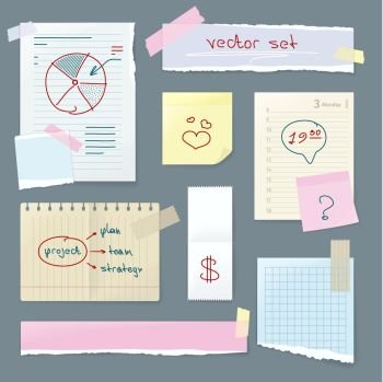 Vector Set Office Paper. Folded Pages with Charts. Vector set of office paper. Folded paper with charts, grunge old paper with heart, ragged sheets of paper, blank squared and lined notepad pages. Paper from note book. Illustration in flat style design