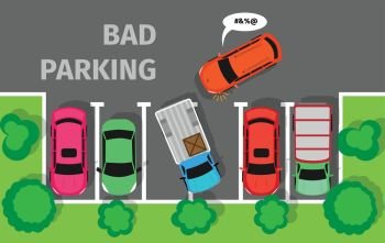 Bad Parking. Car Parked in Inappropriate Way.. Bad parking. Car parked in inappropriate way. Driver annoying everyone. Bad car driver. Parking zone conceptual web banner. Rude disrespectful impolite driver in parking lot or car park. Vector