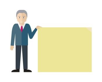 Poster template with empty paper sheet. Smiling old man with grey hair holding blank board flat vector illustration isolated on white background. For advertising, presentation, announcement design. Poster Template with Empty Paper Sheet Flat Vector. Poster Template with Empty Paper Sheet Flat Vector