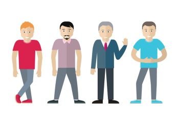 Set of Men Different Age and Status. Vector. Set of men of different age and status. Sportive blond man, man with beard, elderly male in tie and sweater, brunette teenager in blue t-shirt isolated on white. Illustration in flat style. Vector