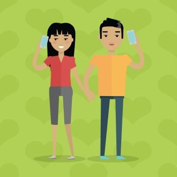 Talking on phone vector concept. Flat design. Telephone addiction. Smiling couple holding hands and talking on mobiles. Conversation and communication with relatives. On green background with hearts. Talking on Phone Vector Concept in Flat Design. Talking on Phone Vector Concept in Flat Design