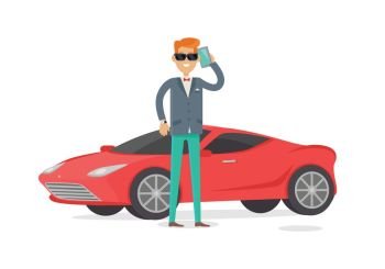 Rich Man in Expensive Suit Standing Near Coupe Car. Rich man in expensive suit standing near red coupe car isolated on white. Handsome guy in stylish clothes near his cool car. Young male in glasses and luxury clock. Cute cartoon character. Vector