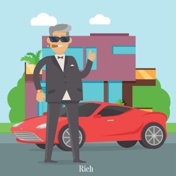 Handsome Guy in Stylish Clothes Near Cool Car. Rich man in expensive suit standing near red coupe car. Handsome guy in stylish clothes near his cool car. Middle aged male in glasses and luxury clock. Cute cartoon character. Vector illustration