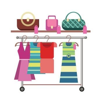 Shelves with Clothes and Accessories.. Hanger and shelf with female clothes and accessories. Female clothing store illustration. People shopping, marketing people, customer in mall, retail store illustration. Isolated object on white
