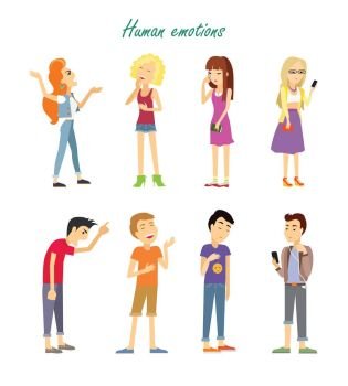 Set of Emotions. Quarrel Indifference Love Parting. Set of human emotions. Quarrel. Indifference. Love. Parting. Phlegmatic, sanguine, choleric, melancholic temperament of teenagers. Man and woman in different emotional states. Vector illustration
