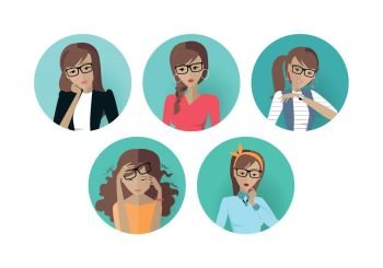 Set of Userpic of a Business Lady. Woman at Work. Set of userpic of a business lady. Woman at work icon symbol. Different female faces in circles. Girls user pics set. Avatar collection. Flat style. Part of series of daily routine of the week. Vector