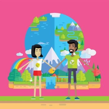 Man and Woman Holding Hands. Man and woman holding hands on background of planet. Mountain landscape. Globe save earth. People from various ethnic group. Concept design for greeting card, poster in flat. Vector illustration.