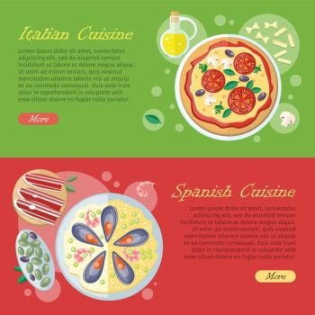 Spanish Cuisine Web Banner. Paella. Jamon. Tapas. Spanish cuisine banner isolated on wooden background. Paella traditional Spanish meal with rice and seafood. Jamon dry-cured ham. Tapas appetizers, snacks. Spain food concept in flat design. Vector