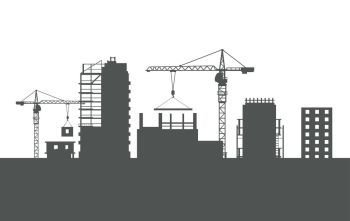 Four Unfinished Buildings. Two Cranes. Colourless. Four unfinished buildings silhouettes. Industrial cranes. Process of building. Big cranes holding special elements. Various kinds of houses. Illustration of construction. Cartoon design. Vector