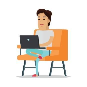 Man with Laptop on Sofa. Man in white shirt and blue pants sitting on orange sofa and working with laptop. Work at home, freelance, online communication, home relaxation. Vector illustration in flat design.
