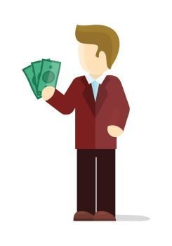 Croupier vector illustration. Flat design. Man character in red suit standing with dollar bills in hand. Winning at casino. Good stake in gambling. Lucky gambler. For gambling services ad. On white . Croupier Vector Illustration in Flat Design. Croupier Vector Illustration in Flat Design