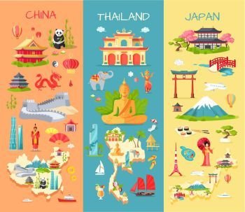 China. Thailand. Japan. Icons of Asian Countries. Collection of three asian countries. China. Thailand. Japan. Specific features of each country. Panda, long wall, dragon, statues. Elephant, modern building Buddha ship Mountain sushi Vector