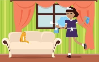 House Cleaning Banner. House cleaning banner. Girl in blue uniform with cleanser and duster cleaning in house. Cleaning service, house cleaning service, housework, home cleaning, domestic cleaning service, clean room