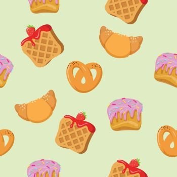 Seamless Pattern with Croissants, Wafers, Cupcakes. Seamless pattern with croissants, wafers, pretzel with poppy and cupcakes. Endless texture with delicious sweets. Wallpaper design with fresh confectionery. Tasty bakery. Vector in flat style design