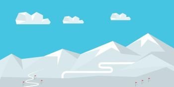Winter Landscape with Snow Covered Mountains. Winter landscape with snow covered mountains. Mountains with snow in winter. Mountains landscape, abstract blue panoramic view. Mountains ski resort. Nature background. Vector illustration.