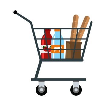 Shopping Cart with Products. Shopping cart with different products in flat. Shopping cart with various groceries. Supermarket cart with milk, yogurt and bread. Side view. Isolated vector illustration on white background.