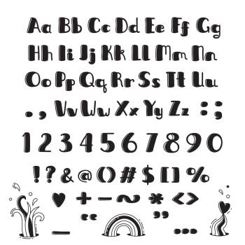 Hand drawn alphabet. Capital letters, lowercase, numbers and symbols in fun cartoon style.. Hand drawn alphabet. Capital letters, lowercase, numbers and symbols in fun cartoon style. Vector illustration