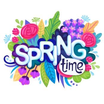 Inscription Spring Time on background with Colorful Flowers, Leaves and Grass. Floral Banner for Springtime Graphic Design. Blossoming Bouquet. Vector.. Inscription Spring Time on background with Colorful Flowers, Leaves and Grass. Floral Banner for Springtime Graphic Design. Blossoming Bouquet. Vector illustration.