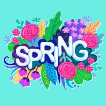 Fresh Spring Background with Colorful Flowers, Leaves and Grass. Floral Banner for Springtime Graphic Design. Blossoming Bouquet with an Inscription. Vector.. Fresh Spring Background with Colorful Flowers, Leaves and Grass. Floral Banner for Springtime Graphic Design. Blossoming Bouquet with an Inscription. Vector illustration.