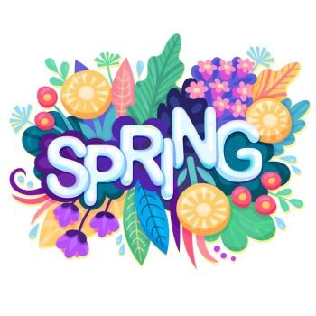 Fresh Spring Background with Colorful Flowers, Leaves and Grass. Floral Banner for Springtime Graphic Design. Blossoming Bouquet with an Inscription. Vector.. Fresh Spring Background with Colorful Flowers, Leaves and Grass. Floral Banner for Springtime Graphic Design. Blossoming Bouquet with an Inscription. Vector illustration.