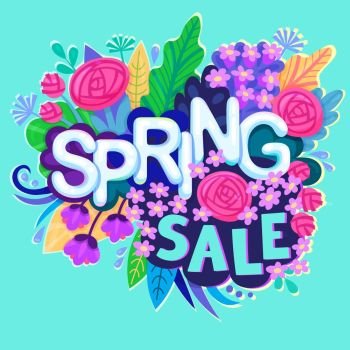 Spring Sale Design with Colorful Flowers, Colorful Flowers, Leaves and Grass in Background for Springtime Seasonal Promotion. Vector Illustration. Spring Sale Design with Colorful Flowers, Colorful Flowers, Leaves and Grass in Background for Springtime Seasonal Promotion. Vector Illustration.