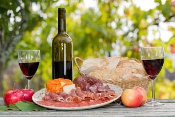 Country life setting with wine, fruits, cheese and meat. Outdoor. food set