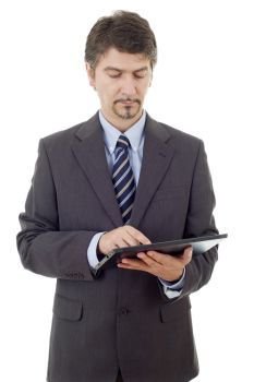 businessman thinking with a tablet pc, isolated. tablet pc