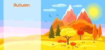 Autumn banner with trees, mountains and hills. Seasonal illustration. Autumn banner with trees, mountains and hills. Seasonal illustration.