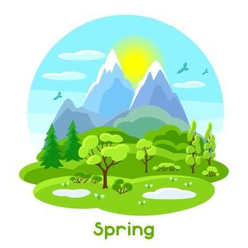 Spring landscape with trees, mountains and hills. Seasonal illustration. Spring landscape with trees, mountains and hills. Seasonal illustration.