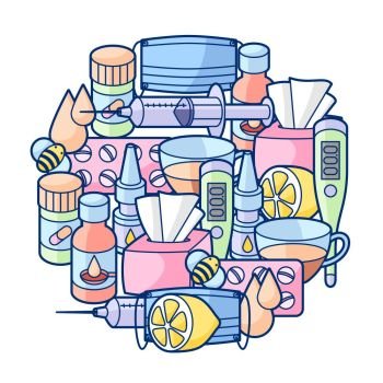 Background with medicines and medical objects. Treatment of cold and flu. Background with medicines and medical objects. Treatment of cold and flu.