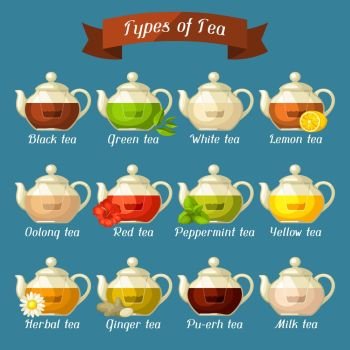 Types of tea. Set of glass kettles with different tastes and ingredients. Types of tea. Set of glass kettles with different tastes and ingredients.