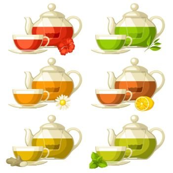Types of tea. Set of glass cups and kettles with different tastes and ingredients. Types of tea. Set of glass cups and kettles with different tastes and ingredients.