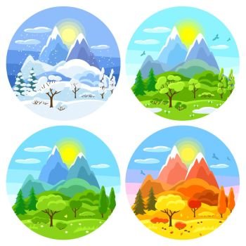 Four seasons landscape. Illustrations with trees, mountains and hills in winter, spring, summer, autumn.. Four seasons landscape. Illustrations with trees, mountains and hills in winter, spring, summer, autumn
